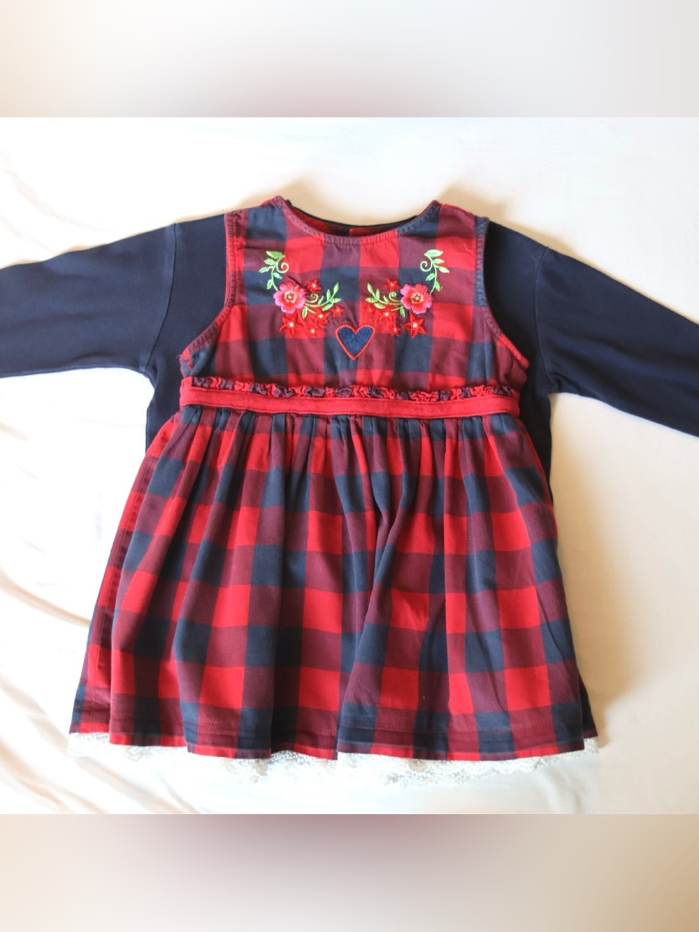 Hanna Andersson Red & Navy Check Dress with Floral Embroidery